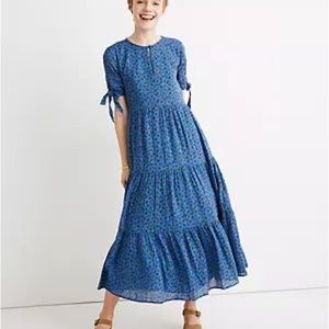 Madewell Tie-Sleeve Cotton Tiered Midi Dress Calico Floral